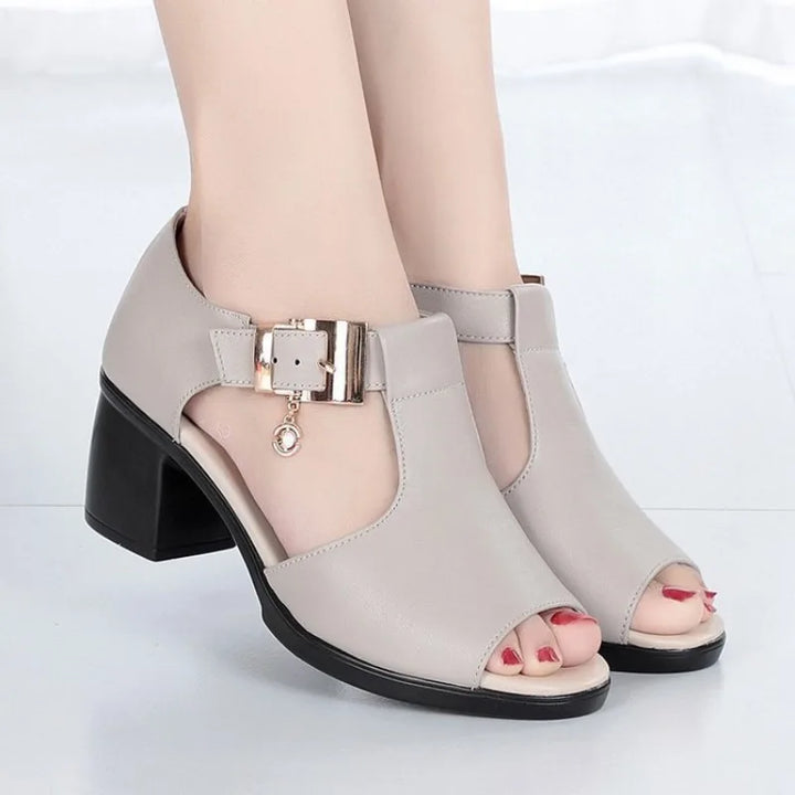 Fashion-forward women's open-toe buckle block heels, adding chic elegance to any ensemble.