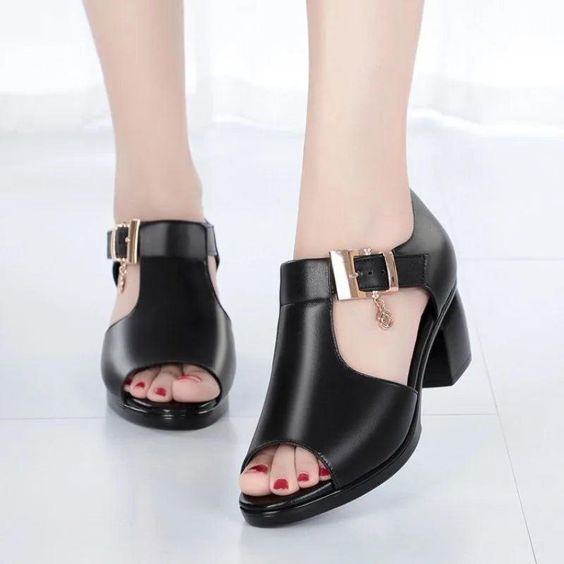 Versatile women's buckle block heels, perfect as dress, evening, or professional work shoes.
