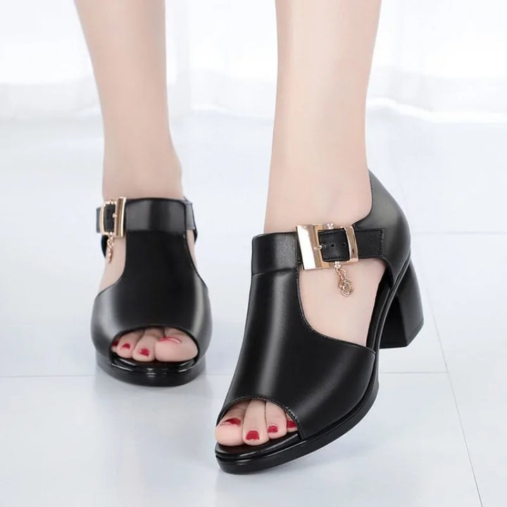 Versatile women's buckle block heels, perfect as dress, evening, or professional work shoes.