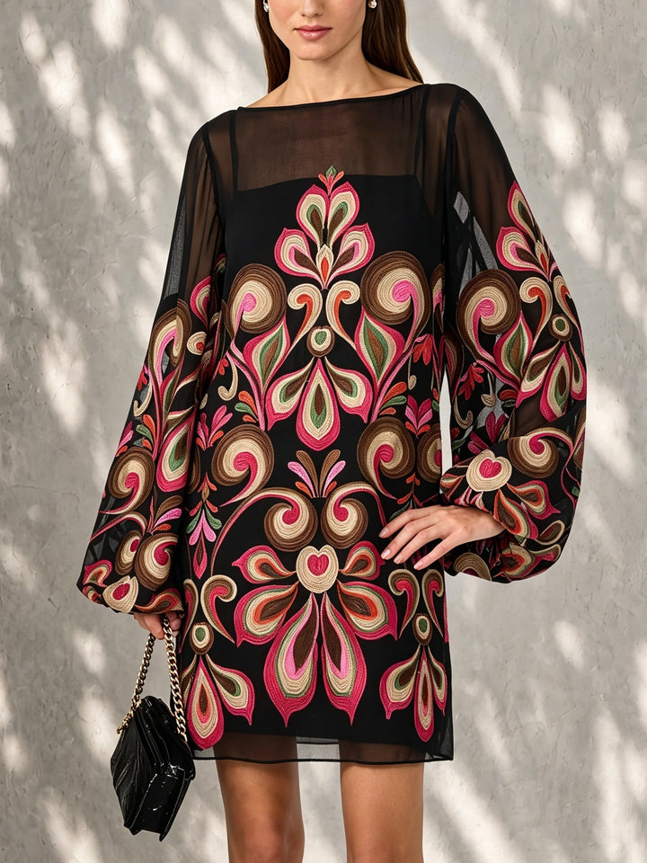 Women's elegant black floral mini dress with sheer balloon sleeves, perfect for parties & cocktails.