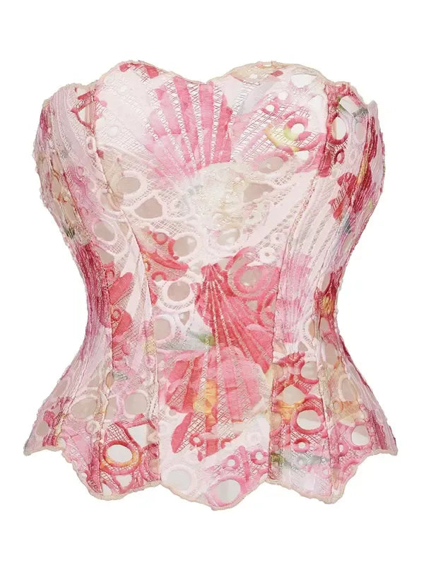 Women's elegant black lace corset top, strapless, perfect for evening wear & sculpted silhouette.