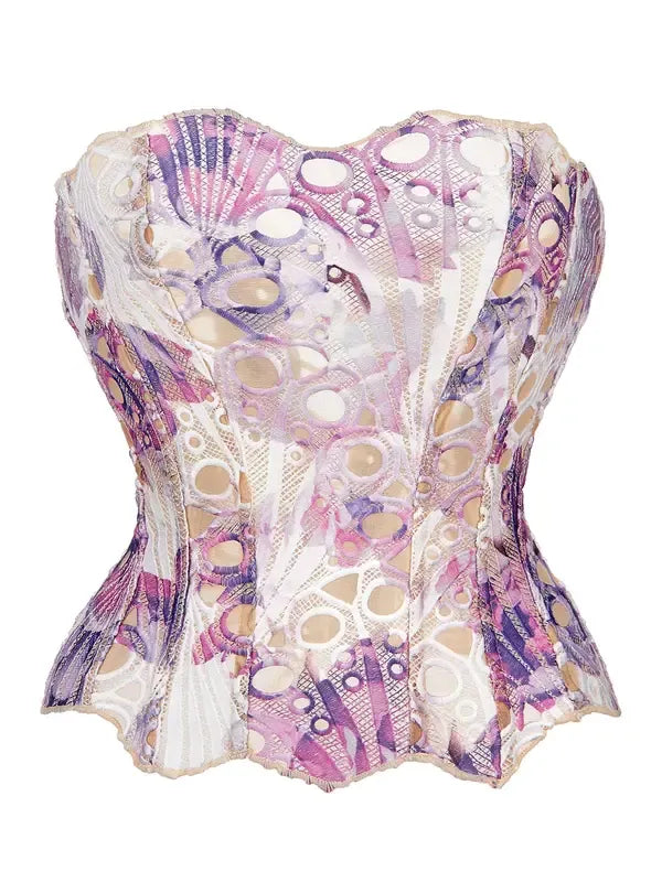 Chic women's floral lace corset top, strapless design. Ideal party top for a fashionable sculpted look.