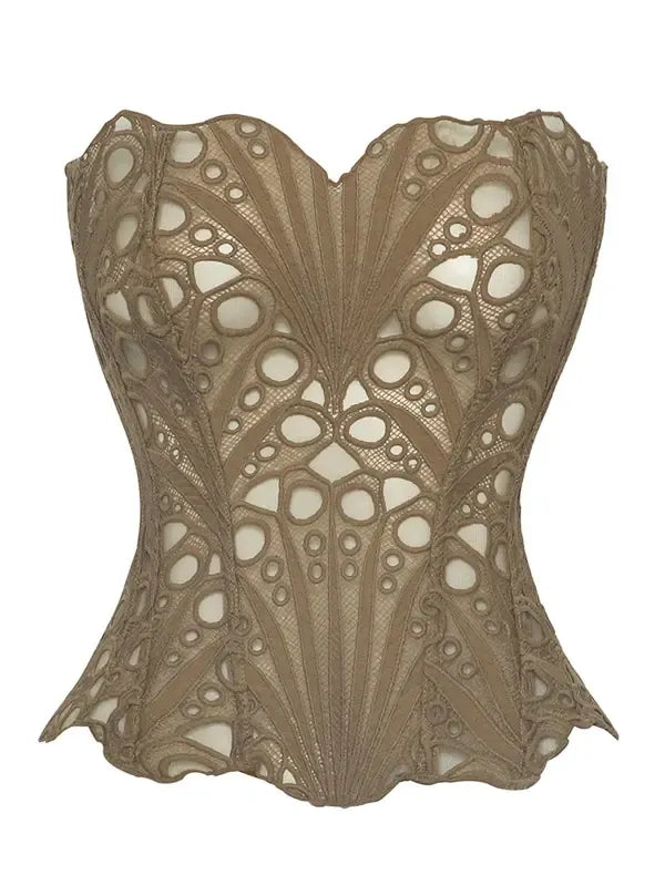 Fashionable women's corset top with sculpted fit. Elegant lace and strapless design for a chic evening look.