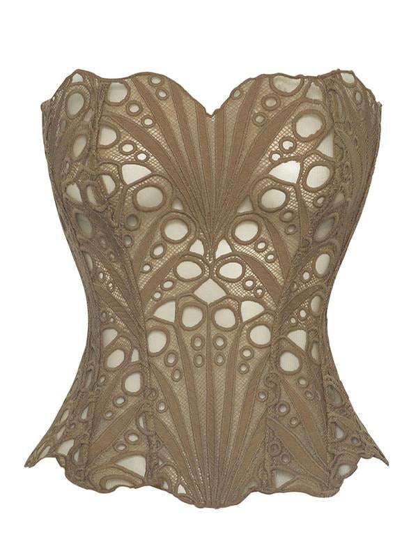 Women's chic fashion corset top with floral lace, strapless. Sculpts silhouette beautifully for elegant evening wear.