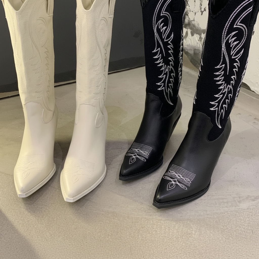 White women's cowboy boots, Emma, with classic western stitching, durable leather, and comfortable fit.