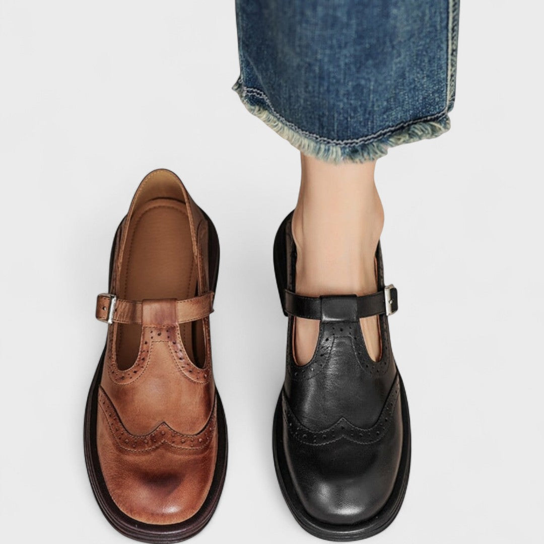 Brown elegant Mary Jane slip-on comfort shoes for women with orthopedic support.
