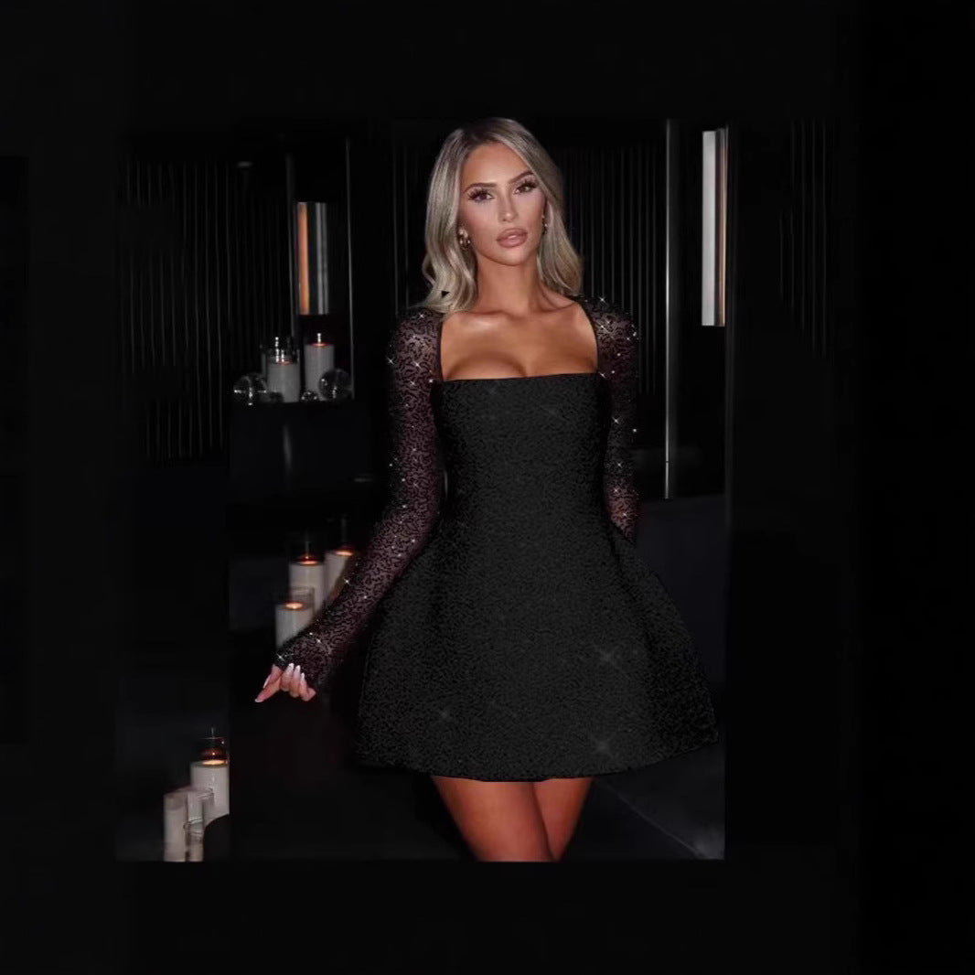 Women's elegant black mini dress with sheer long sleeves, perfect for parties & evening wear.
