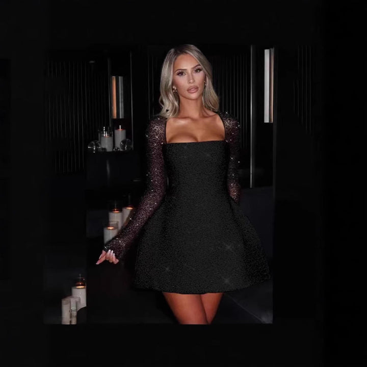 Women's elegant black mini dress with sheer long sleeves, perfect for parties & evening wear.