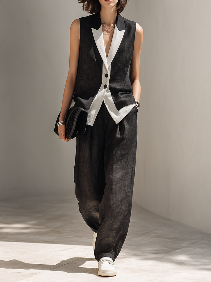 Women's elegant black two-piece set featuring a tailored vest & wide-leg pants. Perfect for chic professional or evening wear.