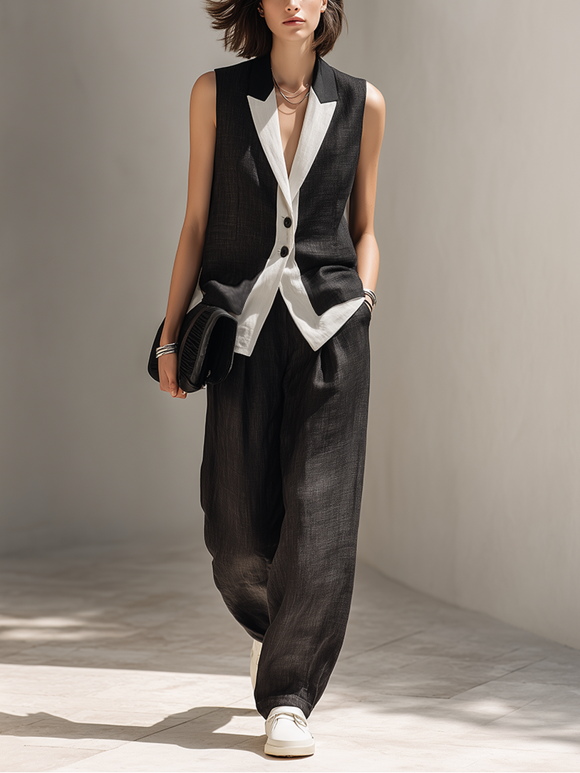 Chic black two-piece matching set for women. Features an elegant vest and fashionable wide-leg pants for a sleek look.