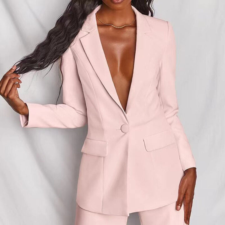 Chic women's formal wear. Two-piece blazer and trouser set for sophisticated style.