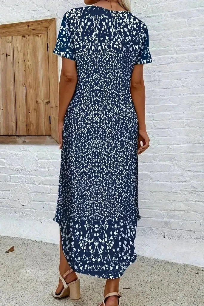 Stylish women's long blue floral maxi dress, flowy and elegant for summer casual or party occasions.
