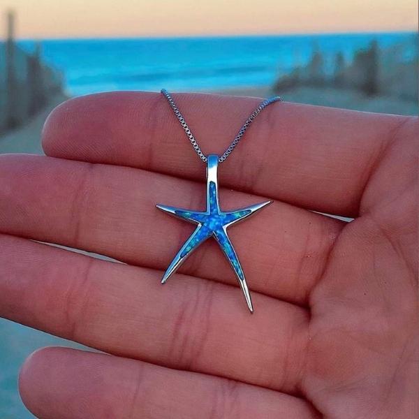 Handmade women's blue opal starfish necklace, perfect gift. Elegant, sea-themed pendant jewelry with ocean vibes.