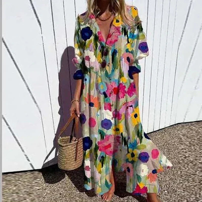 Women's elegant bohemian flowy maxi dress, perfect for summer beach or vacation. Boho chic floral print.