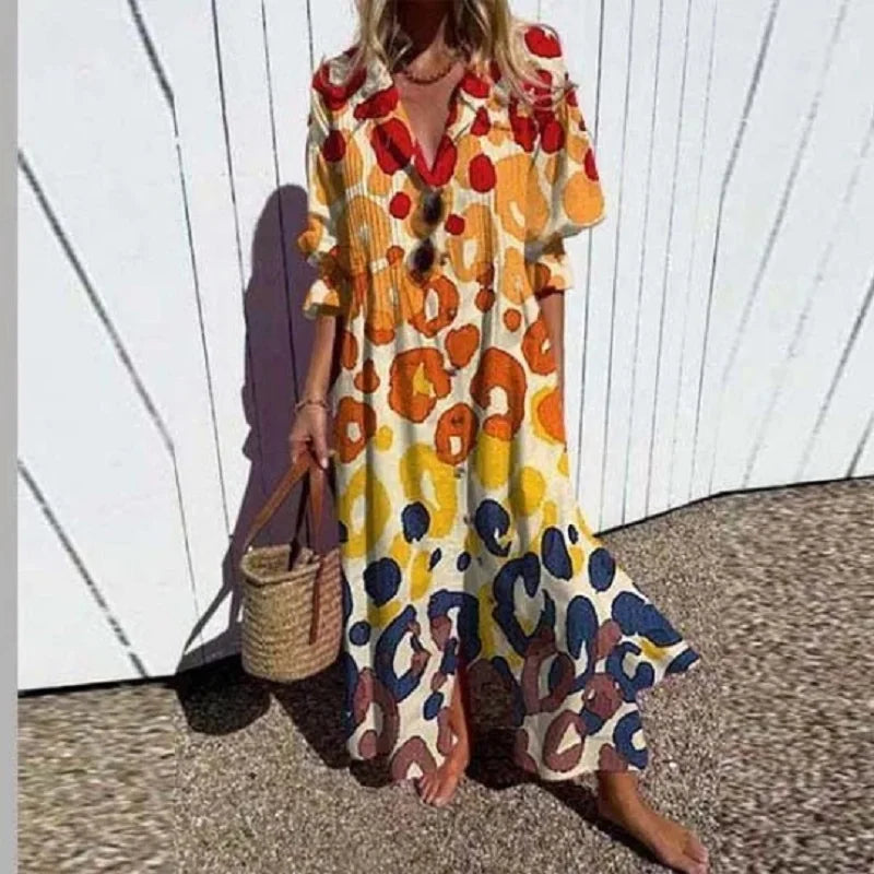 Flowy summer maxi dress for women, elegant bohemian style. Ideal for beach, vacation, or casual wear.