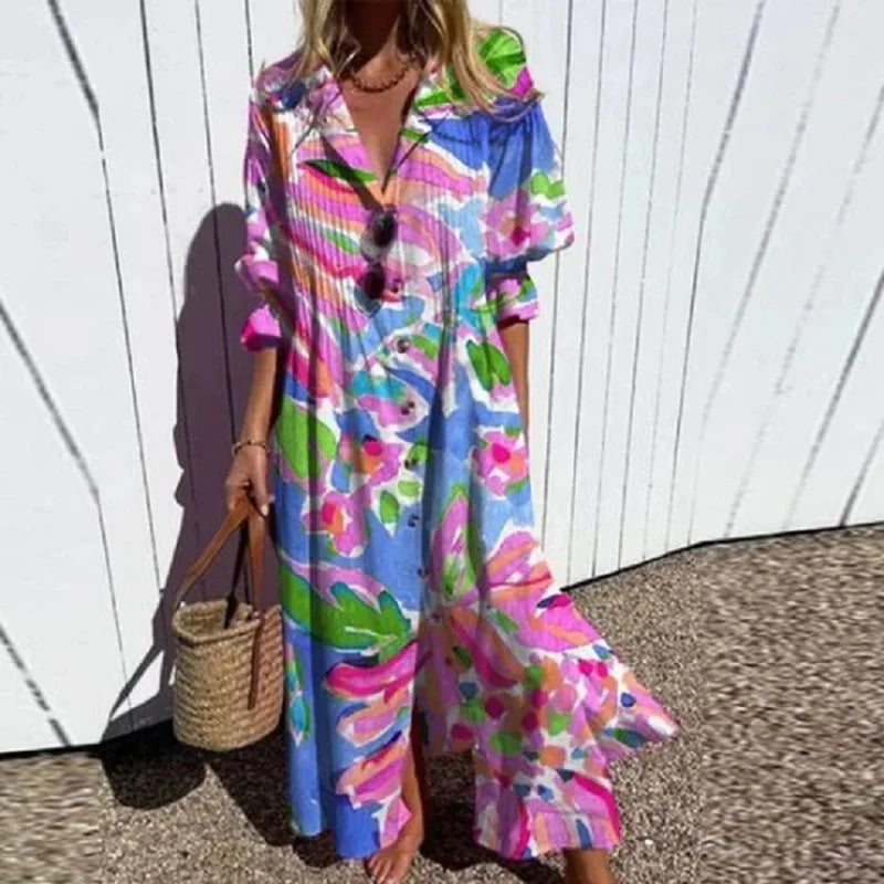 Bohemian floral print maxi dress for women. Elegant, flowy, and comfortable for summer festivals & holidays.