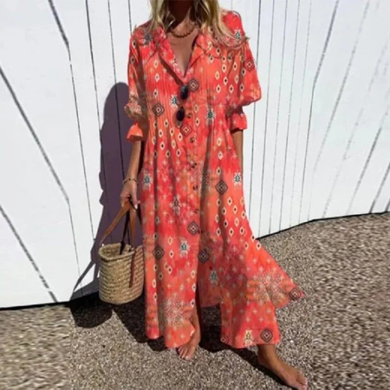 Elegant women's boho maxi dress with a flowy design. Versatile for summer, beach, vacation, or casual outings.