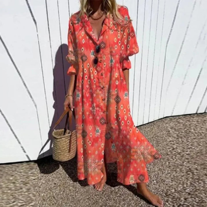 Elegant women's boho maxi dress with a flowy design. Versatile for summer, beach, vacation, or casual outings.