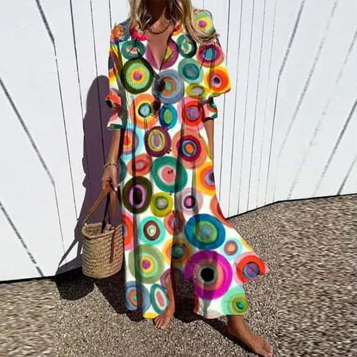 Long bohemian maxi dress for women, a flowy summer essential. Perfect elegant choice for beach & holiday wear.