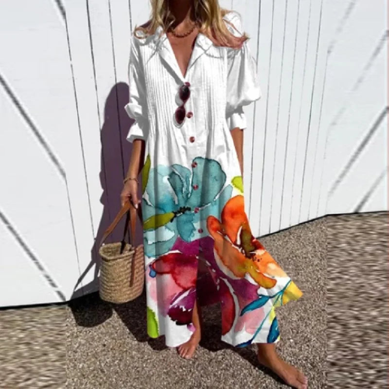 Women's boho chic flowy maxi dress. Elegant design perfect for summer, beach, and vacation. Floral pattern.