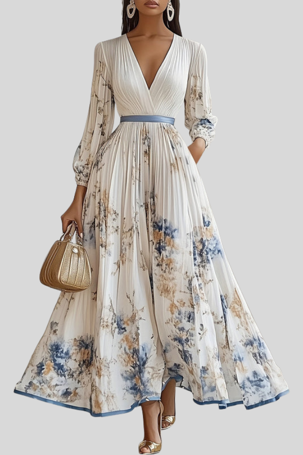 Women's elegant bohemian pleated midi dress with puff sleeves, perfect for spring & summer fashion.
