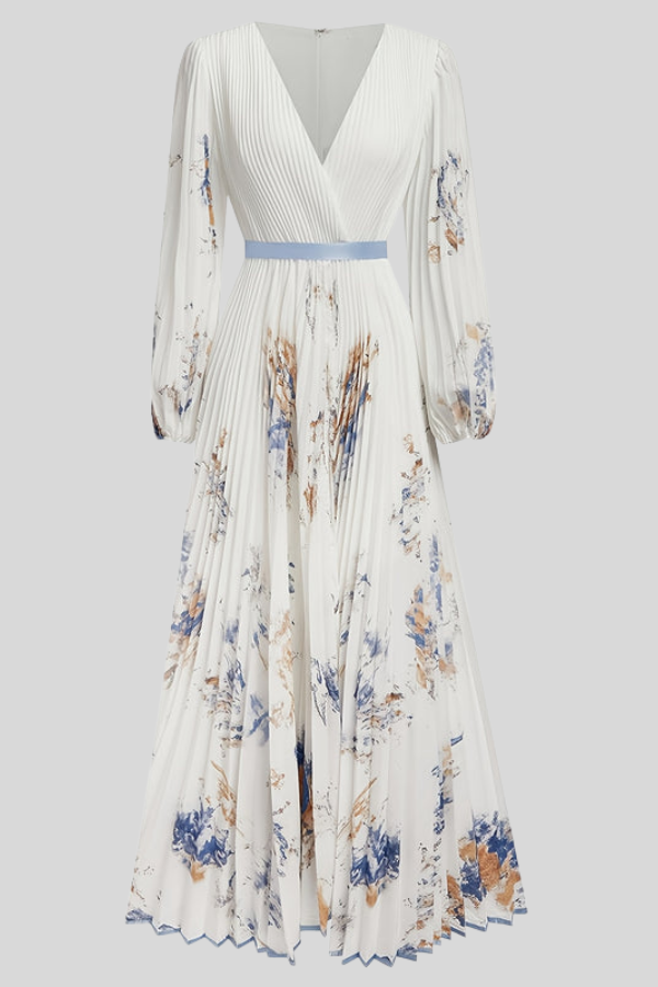 Elegant flowy bohemian midi dress for women, pleated design & puff sleeves, a chic choice for any occasion.