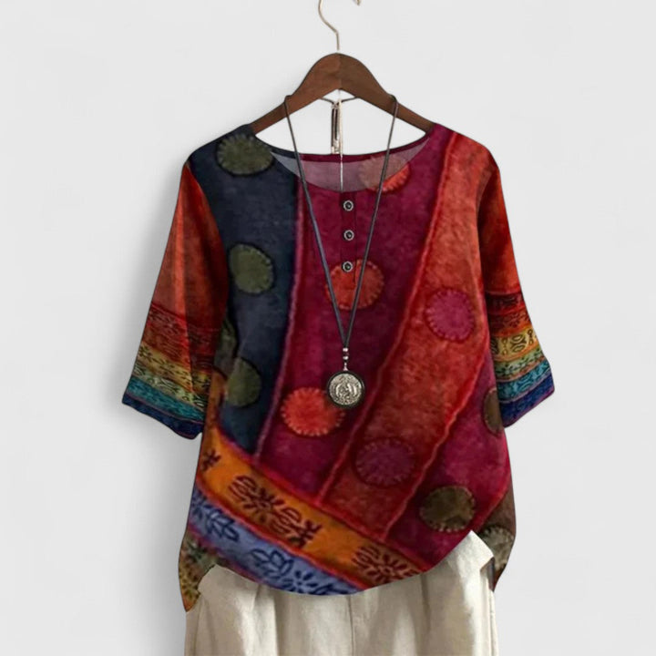 Women's elegant boho patchwork long sleeve top with decorative buttons for relaxed, casual style.