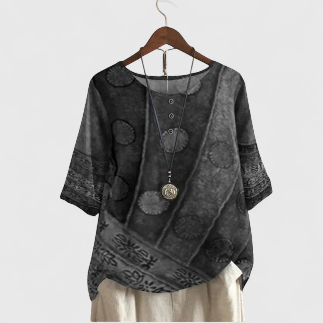 Bohemian women's patchwork print top, relaxed fit, perfect for elegant casual wear & everyday comfort.