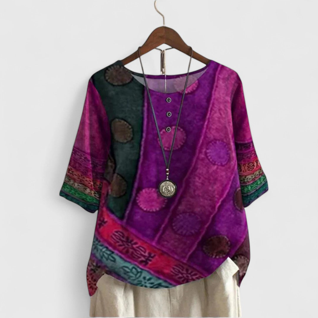 Effortless style with this travel-friendly women's boho patchwork long sleeve top for elegant casual looks.