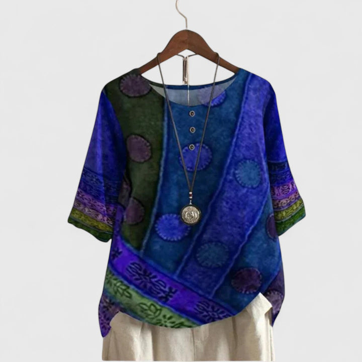 Elegant women's boho patchwork print long sleeve top, a chic addition to any bohemian fashion wardrobe.