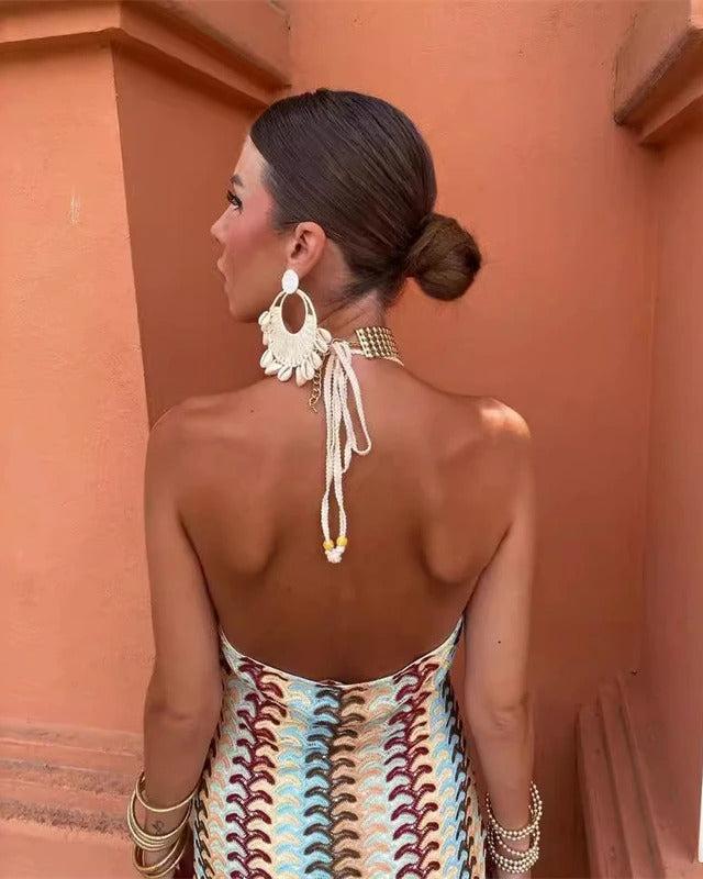 Lightweight women's boho printed V-neck maxi dress, comfortable and chic for summer wedding guests and occasions.