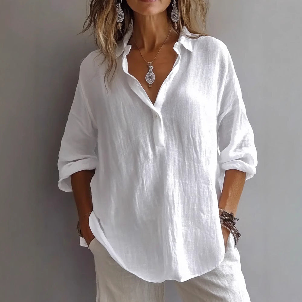 Modern women's button-down shirt featuring wide, comfortable sleeves, versatile for chic casual looks.