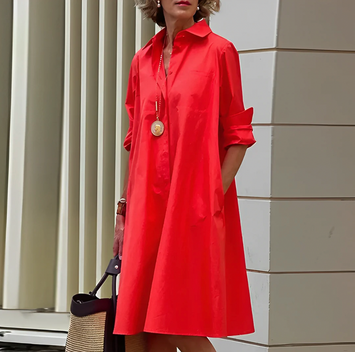 Women's elegant button-front mini shirt dress with a relaxed fit, perfect for versatile day-to-night wear.