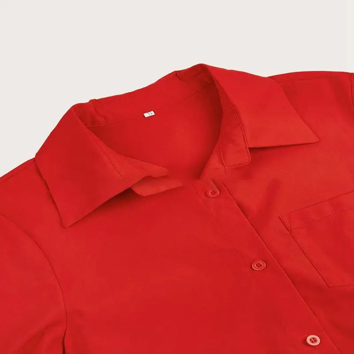 Stylish women's button-front mini shirt dress, relaxed fit, great as a casual summer or elegant spring dress.