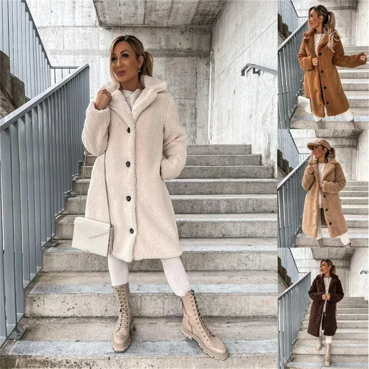 Women's casual longline winter coat, elegant outerwear with button detail for chic layering.