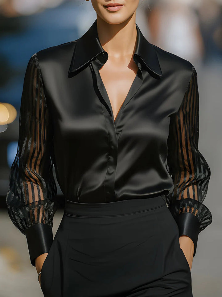 Women's elegant collared blouse with sheer stripe sleeves, perfect for business casual and workwear.