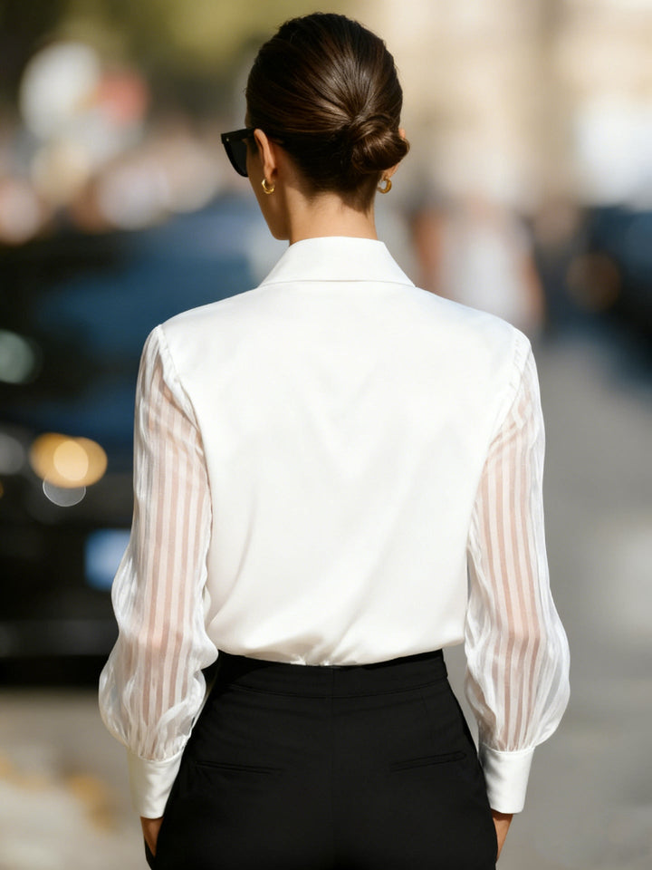 Women's elegant business casual blouse, featuring a stylish collar and sheer striped long sleeves.