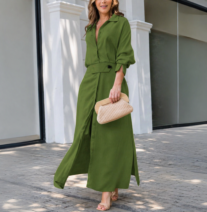 Chic women's collared maxi shirt dress; a versatile, elegant option for wedding guests & parties.