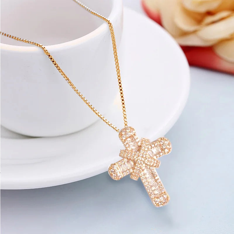 Close-up of a women's crystal cross pendant necklace, showcasing its intricate design. Ideal for elegant womens fashion.