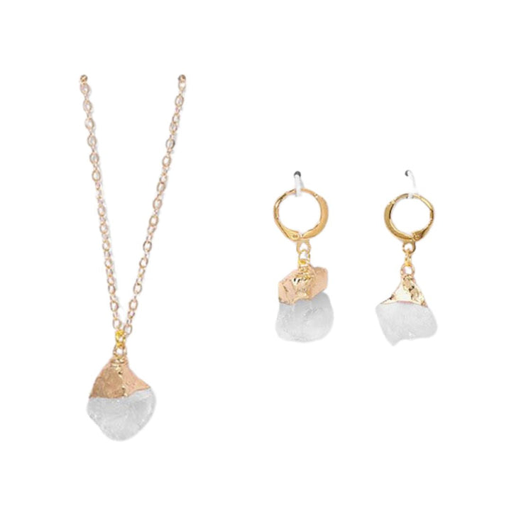 Side view of a radiant women's crystal necklace & earrings, an exquisite gemstone set.