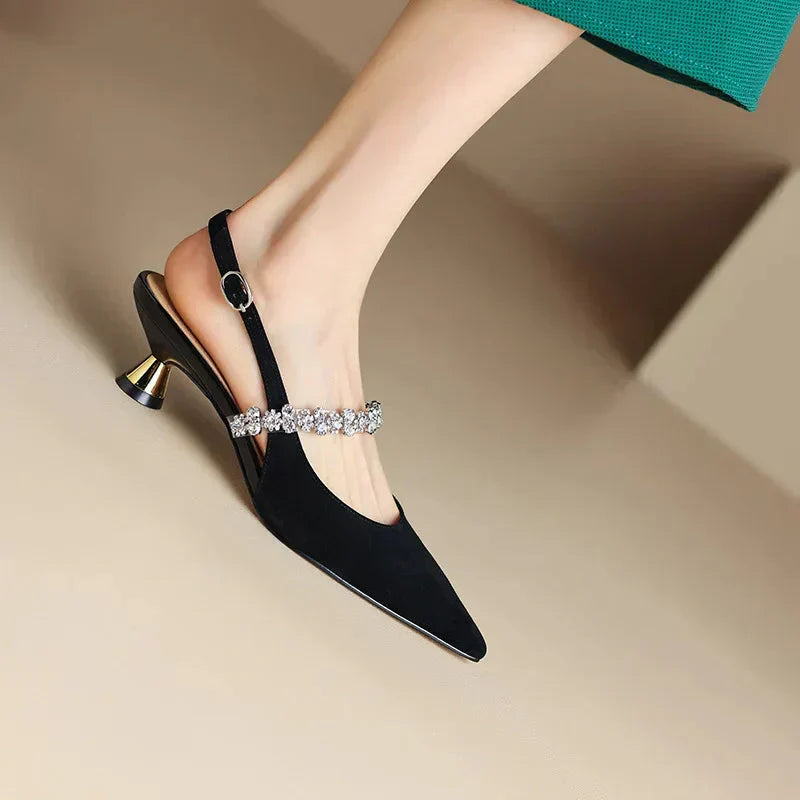 Women's sparkly crystal slingback heels; elegant pointed toe pumps for formal outfits.