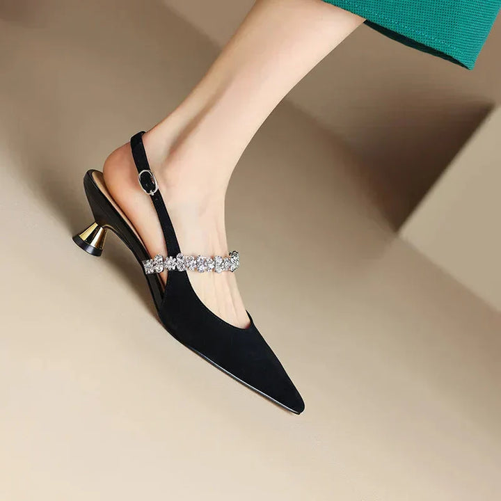 Women's sparkly crystal slingback heels; elegant pointed toe pumps for formal outfits.
