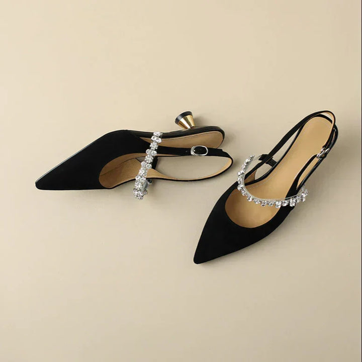 Elegant women's crystal slingback heels, ideal for formal parties, evening events & glamour.