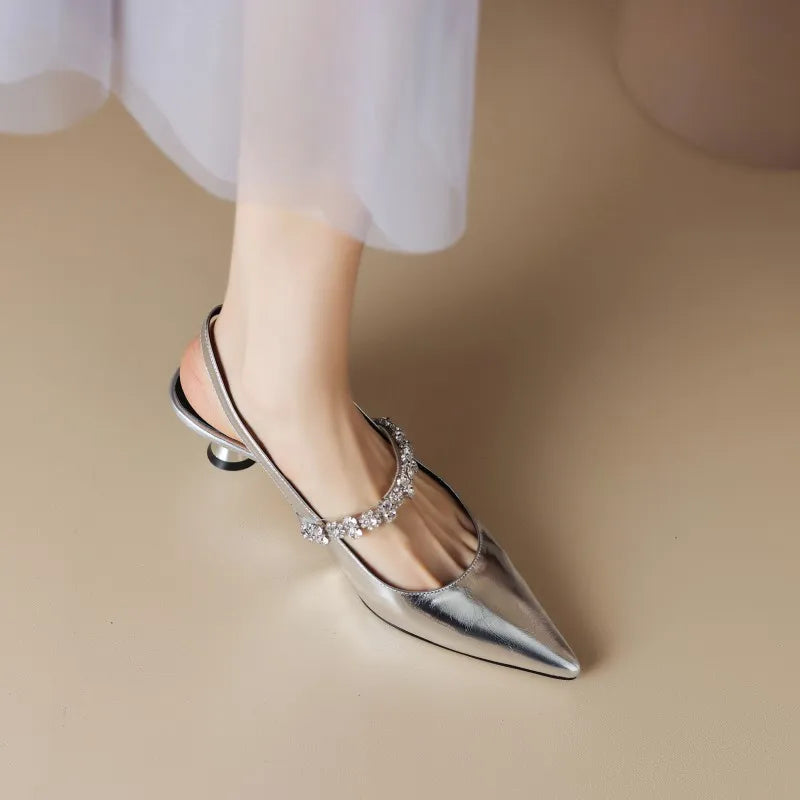 Glamorous women's crystal slingback pumps for evening wear, parties & special events.