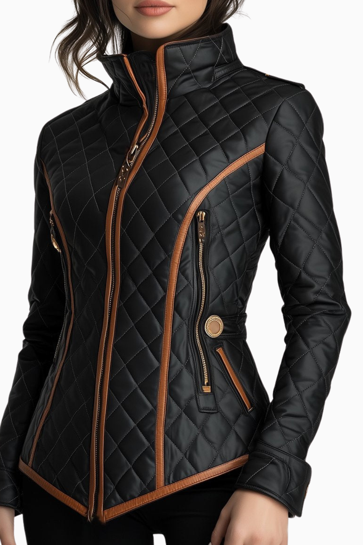 Women's elegant diamond-quilted padded jacket for warmth. Perfect for fall & winter outerwear.