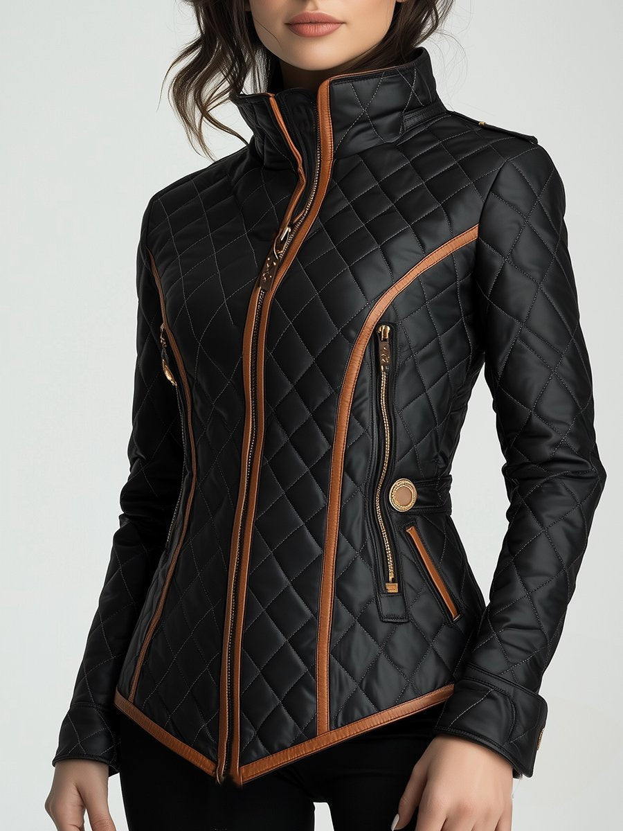 Chic women's diamond-quilted padded jacket, tailored fit for elegant everyday wear. Versatile fall/winter.