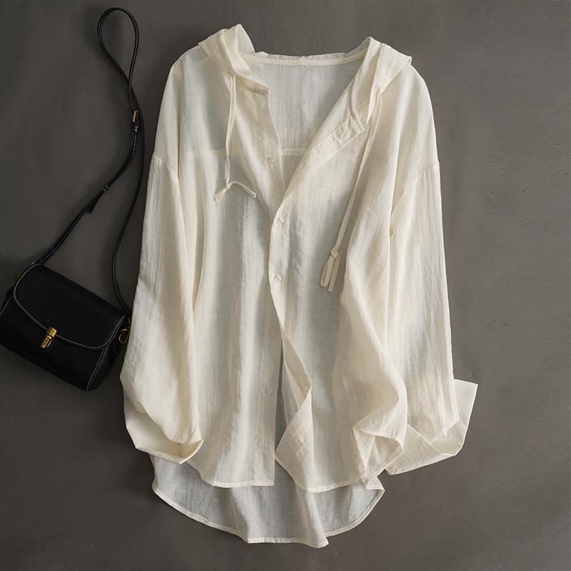 Women's elegant drape hooded blouse in white, perfect for spring/summer comfort and versatile styling.