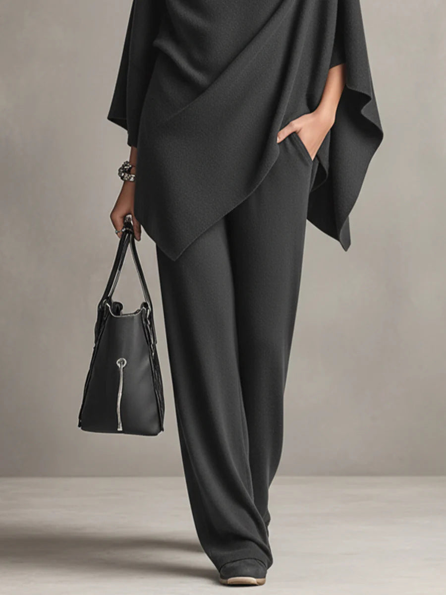 Women's elegant two-piece draped outfit set, a stylish & comfortable piece of versatile fashion clothing.