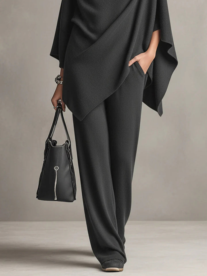 Women's elegant two-piece draped outfit set, a stylish & comfortable piece of versatile fashion clothing.