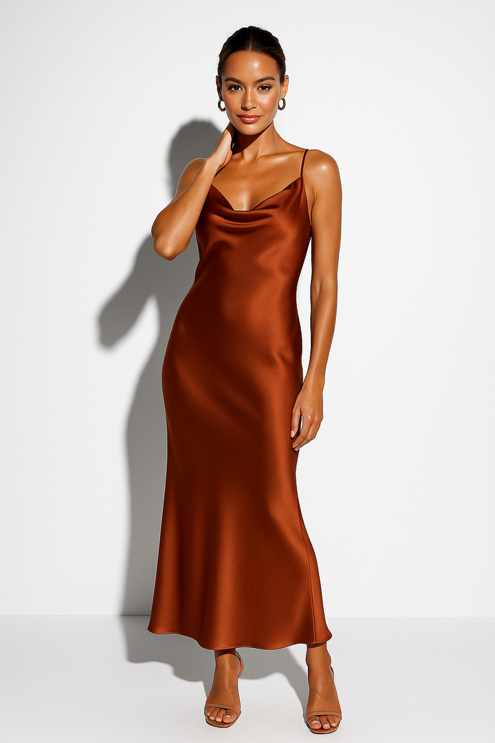 Elegant women's midi dress featuring a stylish cowl neck and drape, suitable for any special occasion.
